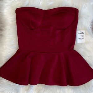 Maroon Strapless Peplum Shirt